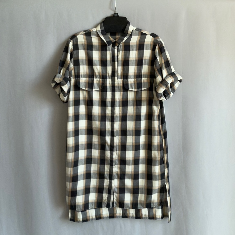 Zara Black White and Beige Plaid Button-Down Tunic Shirt